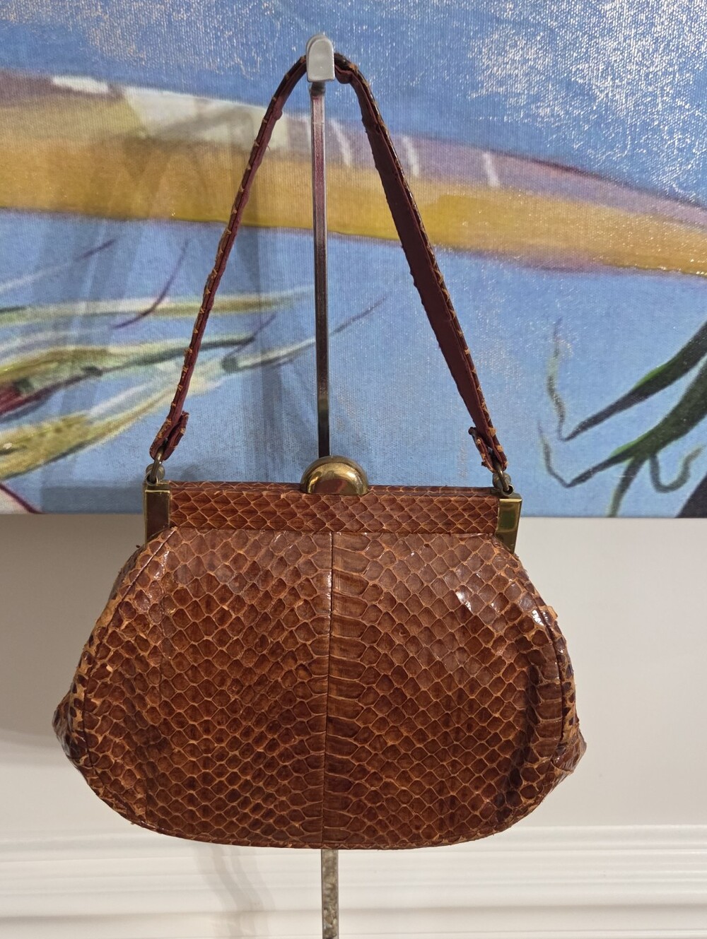 Vintage Genuine Snakeskin Handbag Brown Python Leather Framed Purse Clasp Close